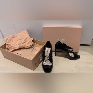 Miu Miu Black Patent Double Strap Mary Jane Peep Toe Pumps